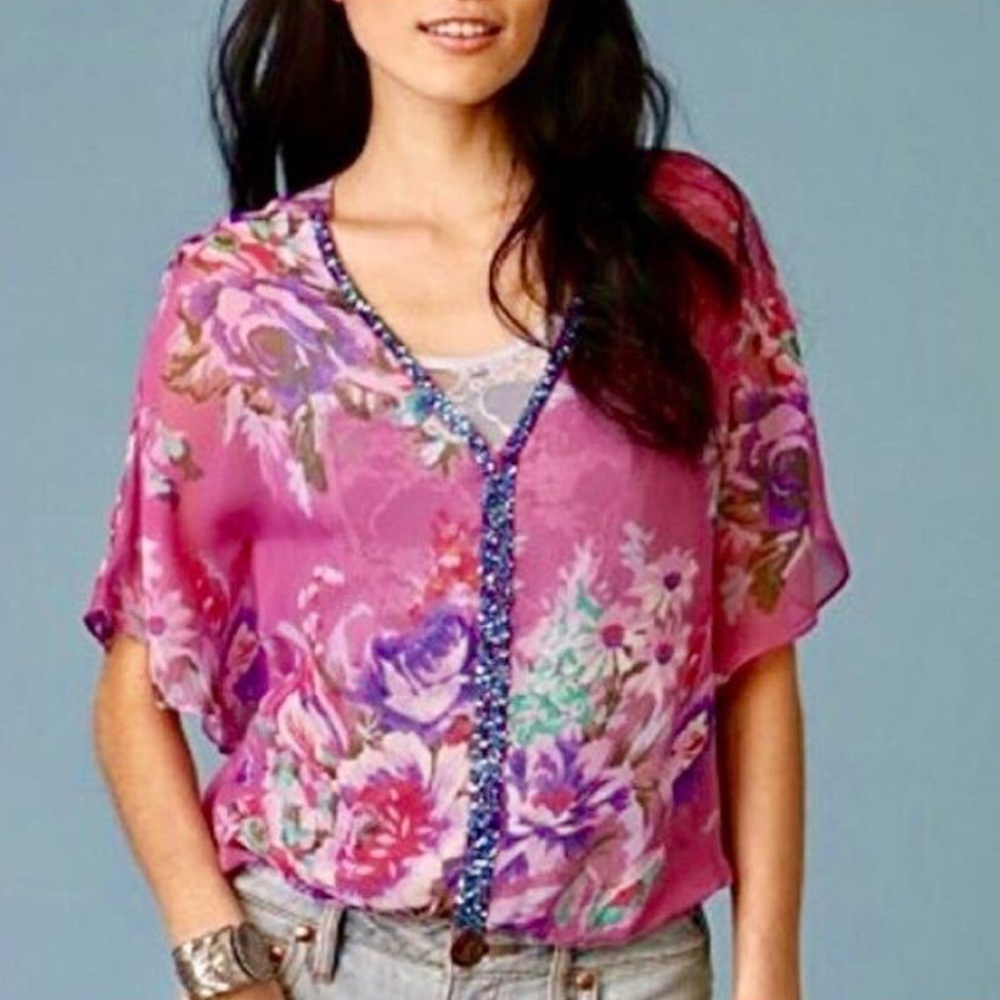Free People Floral Sheer Embellished Sequins Pink VNeck Oversized Top Flowy XS